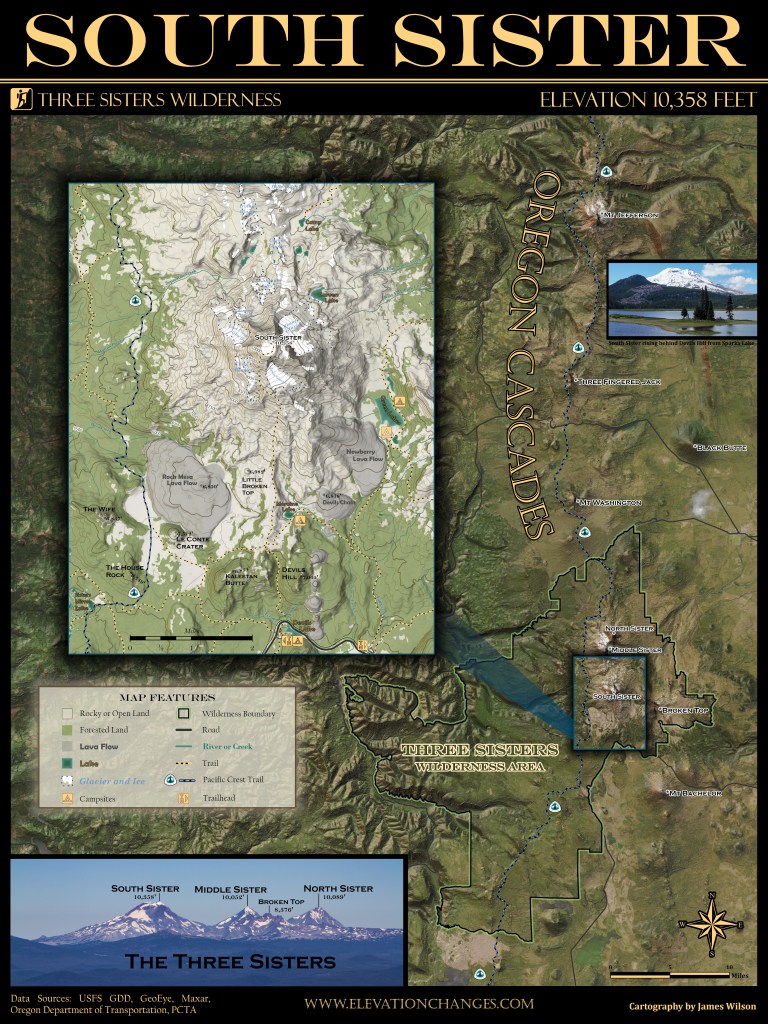 A poster and trail area map highlighting South Sister in Central Oregon